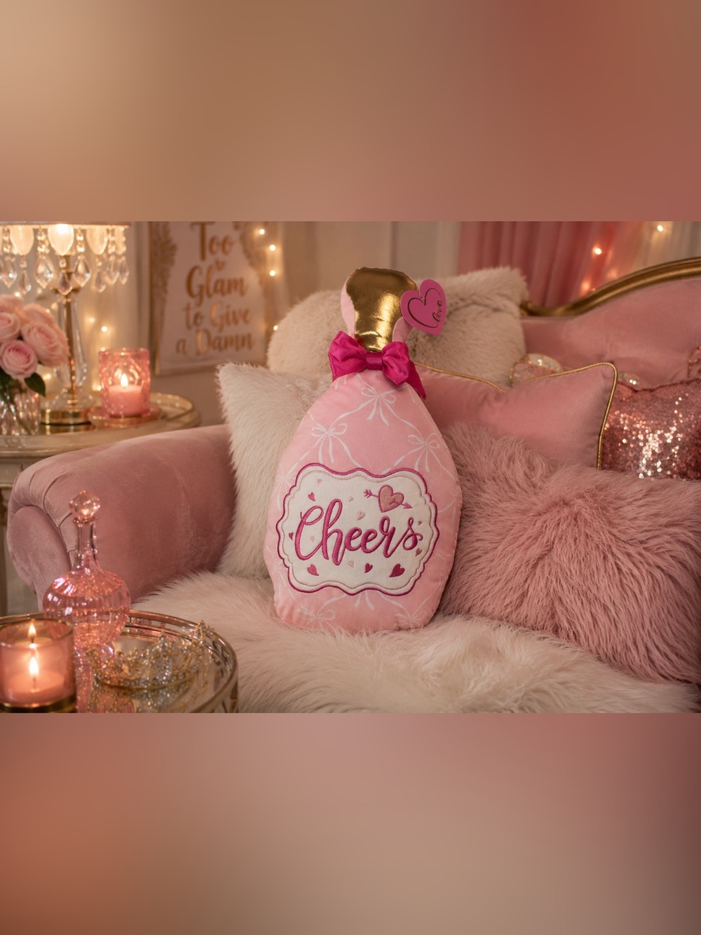 NWT Cheers Pink + Gold Champagne Bottle Luxury Decorative Pillow